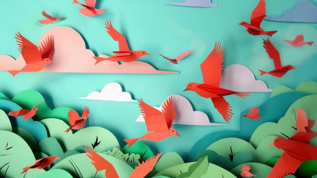 Colorful paper birds soar over a vibrant landscape, showcasing artistic creativity and playful design in a whimsical setting filled with lush greenery and soft clouds
