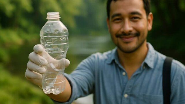 Environmental cleaneup, man holding recycled plastic bottle