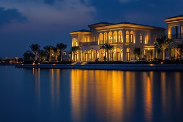 Fototapeta premium Glistening Waterfront Villa at Night: A Luxurious Modern Home with Pool and Stunning Exterior