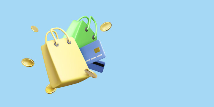 Shopping Bags, Coins, and Credit Card 3D Render on Blue Background. Perfect for Finance, Retail, E-Commerce, and Mobile App Concepts. Trendy Colorful Vector