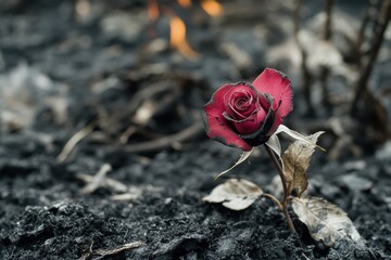 Blooming Rose Among Ashes: A Red Flower Rising from the Remnants of Fire