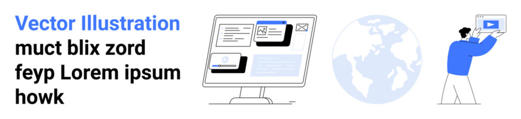Desktop screen showcasing applications, map of Earth symbolizing global reach, individual interacting with screen. Ideal for technology, communication, networking, education, innovation, marketing