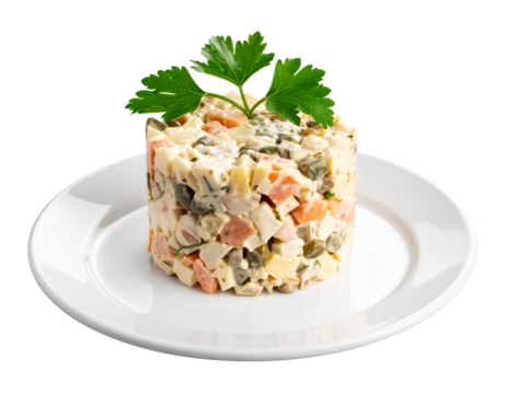 Elegant Plated Portion of Olivier Salad Garnished with Fresh Parsley, isolated on transparent background