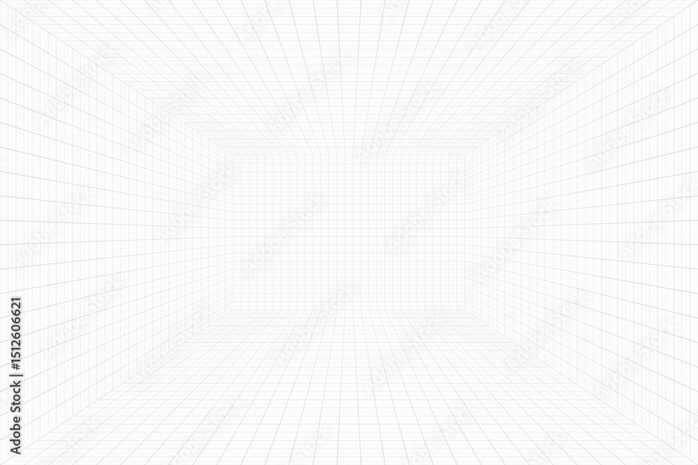 Poster digital wireframe space for virtual reality, simulation, or tech design. empty 3d grid room with whi