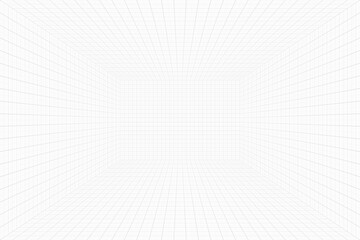 Digital wireframe space for virtual reality, simulation, or tech design. Empty 3D grid room with white walls, ceiling, and floor, outlined by thin grey lines forming squares in perspective