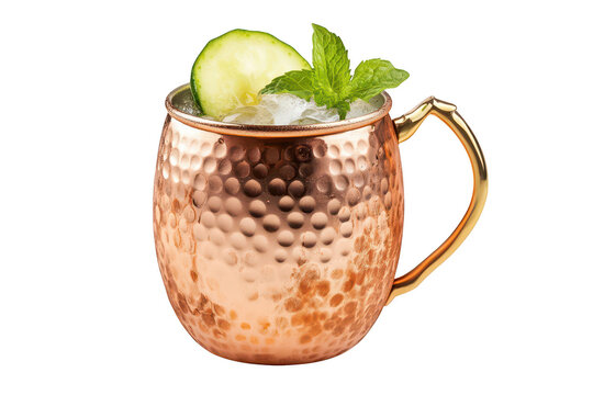 Refreshing cucumber mint moscow mule cocktail in copper mug isolated on transparent background