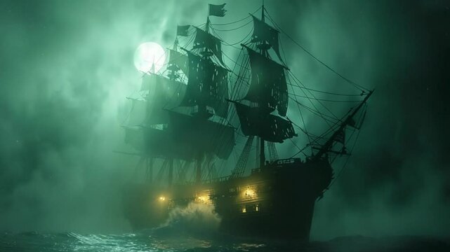 ghost pirate ship emerges from dense sea fog