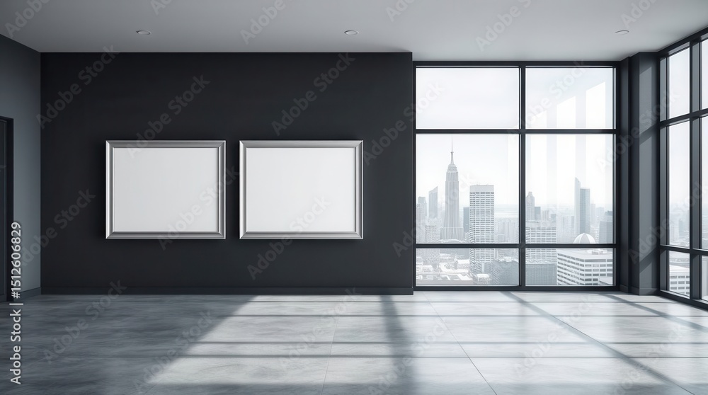 Poster modern gallery space with blank frames and a city view provides ample space for art display.
