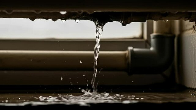 Stream of water leaking from damaged pipe. Broken plumbing system requiring repair. Plumbing problem, water dropping