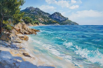 Fototapeta premium Scenic Beachfront at Eze Sur Mer: A Blissful Blend of Stone, Water, and Mountains in South of France