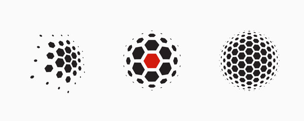 Set of dotted abstract shapes. Hexagonal halftone pattern. Half tone design elements in geometric tech style for logo, banner, web page, print, poster, business cards and template.