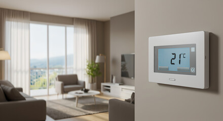 Digital thermostat with screen display set at 21 degrees Celsius on wall within modern living room. Smart home climate control regulation. Selective focus