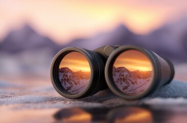 Binoculars showing mountains at sunset