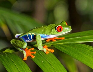 Fototapeta premium Vibrant red-eyed tree frog on leaf