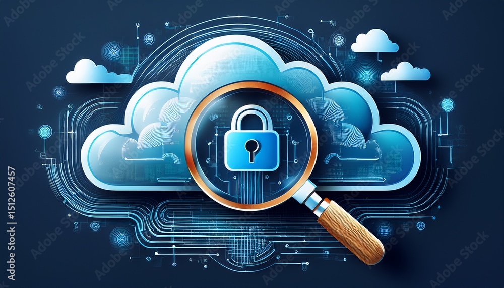 Poster cloud security with magnifying glass the illustration captures the essence of secure cloud technolog