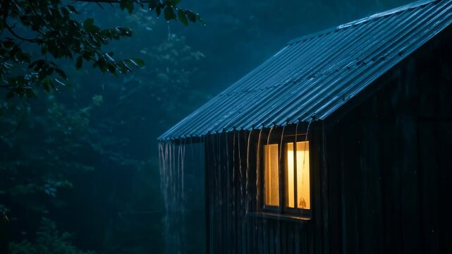 Cozy cabin in the rain at night