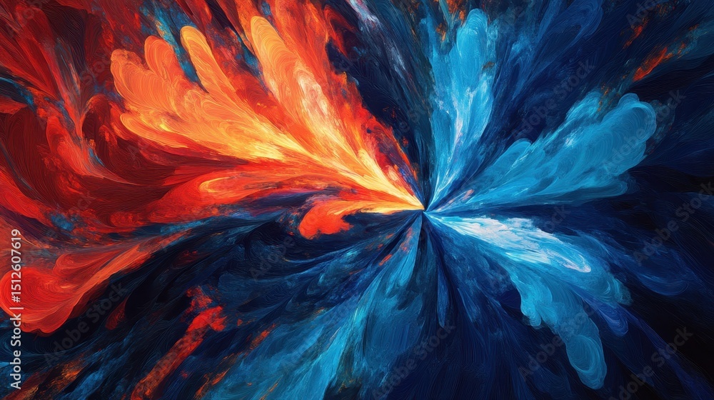 Poster vivid centric burst. radiant red and blue abstract lines creating a dynamic background explosion