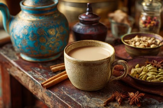 A steaming cup of chai tea with spices, creating a cozy and inviting morning scene.