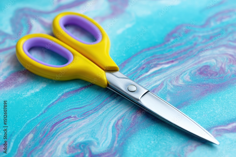 Poster yellow handled scissors on patterned surface
