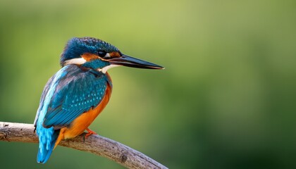 a vibrant kingfisher perches gracefully on a branch showcasing its striking blue and orange plumage against a softly blurred green background embodying nature s beauty and elegance