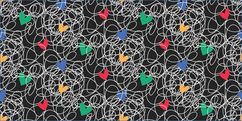 White scribble pattern with colorful hearts on black