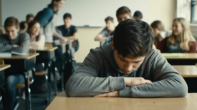 Student head down on desk in classroom