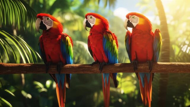 Three macaws perched on a branch in a tropical rainforest with sunlight filtering through.
