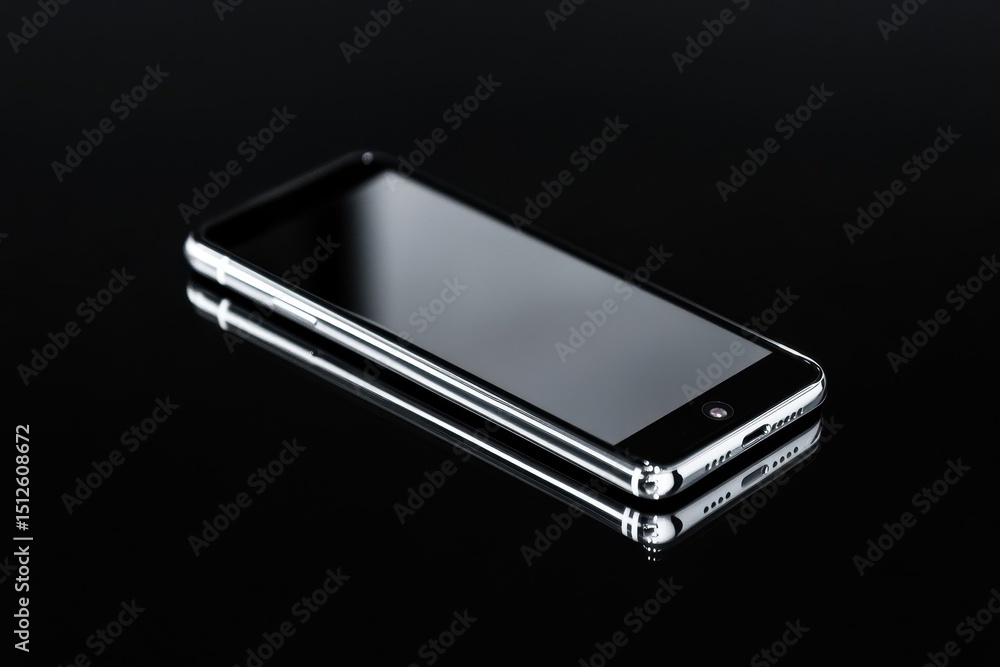 Poster sleek modern smartphone placed on a reflective surface capturing ambient light in a minimalist setti