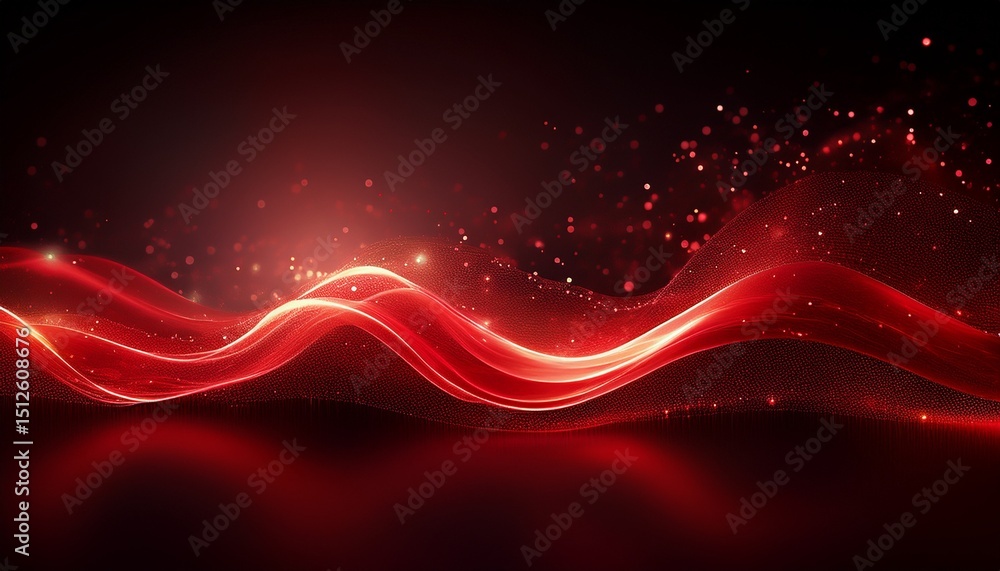 Poster glowing red abstract waves with sparkling particles on a dark background