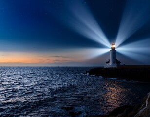 the imposing silhouette of a seaside lighthouse dominates the horizon as it casts a powerful beam of light into the inky blackness of the night sky night beamsail