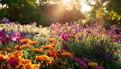 Obraz premium vibrant flower bed in morning light with dew drops and blooming flowers