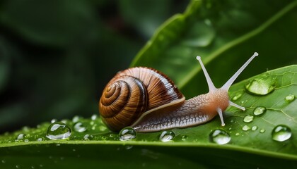 a beautifully detailed garden snail rests on a vibrant green leaf showcasing its intricate shell patterns and delicate features amidst droplets of water adding to its natural beauty