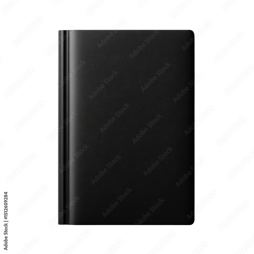 Poster black book with a smooth cover and simple design lays flat and closed on display