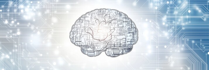 Digital illustration of a human brain with circuit board patterns on a light blue and white technological background with glowing nodes and lines