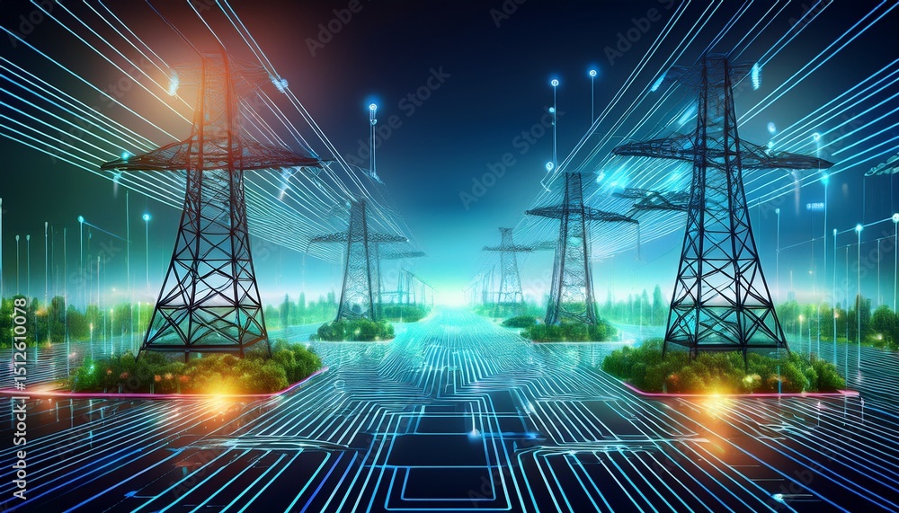 Poster power grid and digital circuit a visual representation of modern technology and energy infrastructur