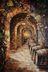 Naklejka premium Rustic Wine Cave: A Row of Aged Oak Barrels in a Cozy Cellar Environment
