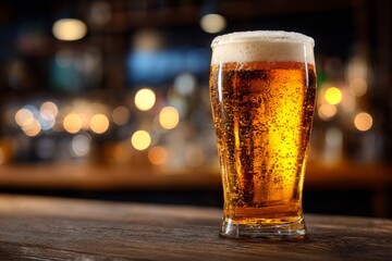 A tall glass of golden beer, bubbly and foamy, sitting on a rustic wooden table in a bar setting.