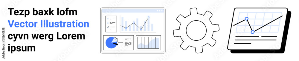 Poster data analytics dashboard with line and pie charts, gear icon, and tablet showing trends. ideal for b