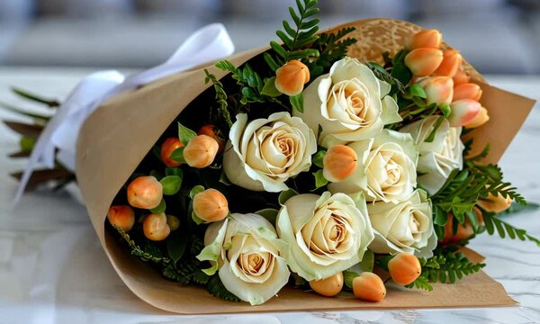 Elegant bouquet of white and orange roses wrapped in craft paper, perfect for special occasions, weddings, or romantic gifts.
