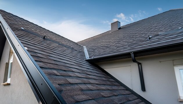 detailed view of a roof made of glass reinforced polyester featuring dark soffits fascias and gutters