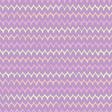 Curved arc pattern wallpaper backdrop. Doodle wavy line surface vector seamless in pink, yellow and orange over purple.