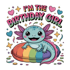 A cheerful axolotl sits on a rainbow-colored cushion, surrounded by playful hearts and stars. The bold text i'm the birthday girl