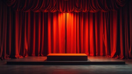 Ornate stage with rich red velvet curtains, illuminated for the opening act, creating a sense of anticipation.