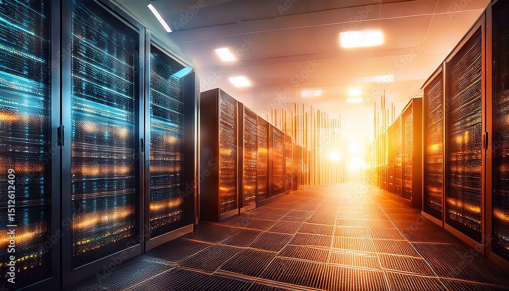 Poster data center innovation futuristic image a server rack is bathed in the warm light of sunrise with gl