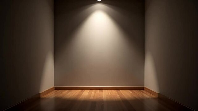 Dramatic spotlight in empty room, minimalist gallery wall with wooden floor, atmospheric stage lighting for product presentation and interior mockup
