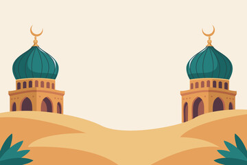 Desert Mosque Background with Islamic Dome and Crescent Moon. Vector background of two mosques with crescent domes in a desert landscape, perfect for Islamic festivals, banners, and religious content.