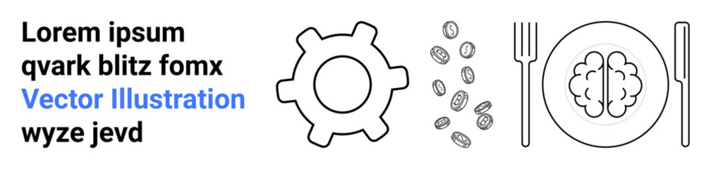 Gear depicting productivity, coffee beans for energy, brain symbolizing intellect on a plate with cutlery. Ideal for productivity, energy, creativity, workplace balance, brainstorming, innovation
