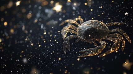 Close-Up of Cancer Zodiac Sign against Starry Sky with Shimmering Confetti on Black Cardboard for Astrology and Horoscope Themes