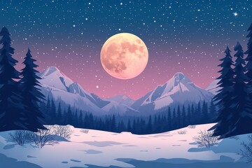 Serene Winter Moonlight: A Full Moon Illuminating a Starry Night Over a Snow-Covered Forest Landscape