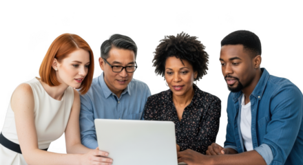 Diverse team collaborating looking at a laptop screen isolated on transparent background